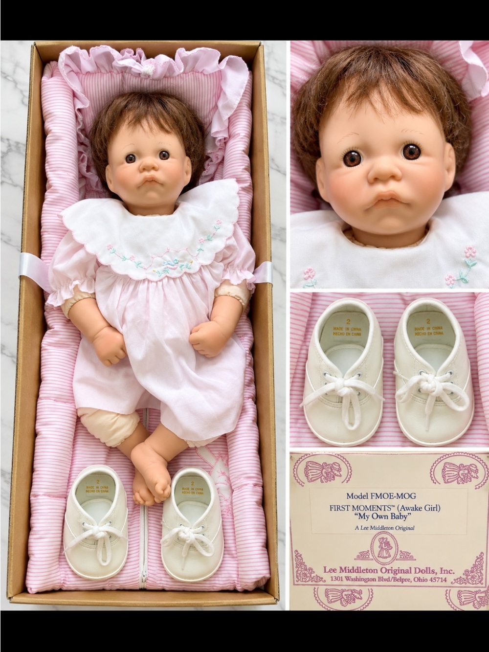First Moments Awake Baby Doll in Pink Outfit by Lee Middleton